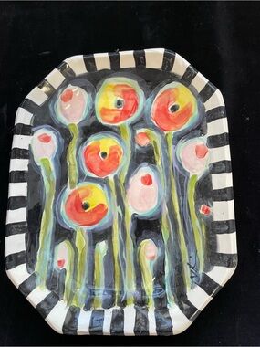 Poppies On Black Handmade Ceramic 8 Sided Platter 13”x10” Original Design